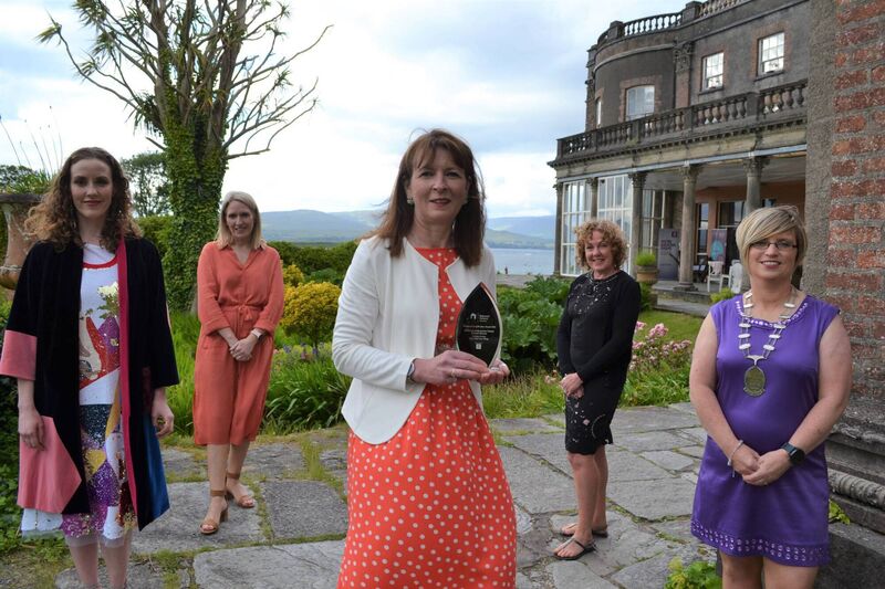 Nollaig Hurley of Jelly Fish Surf Shop, winner of the Established Business Owner Award with Network Ireland West Cork President Katherine O’Sullivan; vice-president and awards co-ordinator Marie Wiseman; Sheila McCarthy, AIB, official partner of Network Ireland, and keynote speaker Louise O’Neill at Bantry House for the 2021 Network Ireland West Cork Business Women of the Year Awards reception.