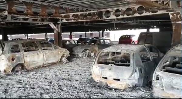 Via Cork City Fire Brigade Twitter. Cars damaged at Douglas Village Shopping Centre multi-storey carpark after a fire in 2019.