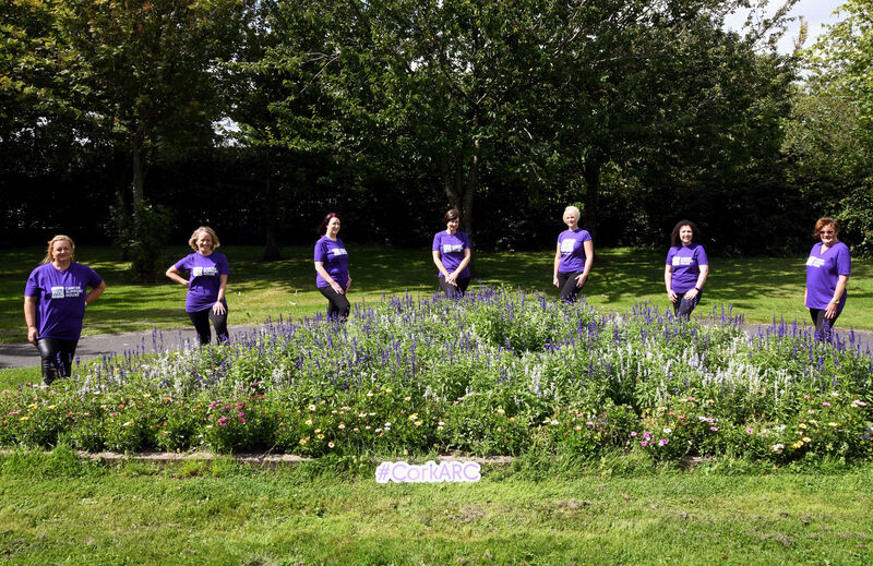 Emma Slattery (centre) pictured in Cork with family members and friends (from left) Paula Barry, Emma Richmond, Sonya Dunne, Donna Linehan, Karen O'Shea and Patricia Dunne, who are all doing the virtual race this year. Picture: Denis Minihane.