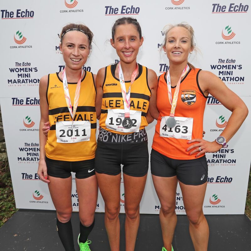2019 mini marathon winner, Sinead O'Connor (centre), 2nd, Lisa Hegarty (left) and 3rd Claire O'Brien (right). Picture: Jim Coughlan.