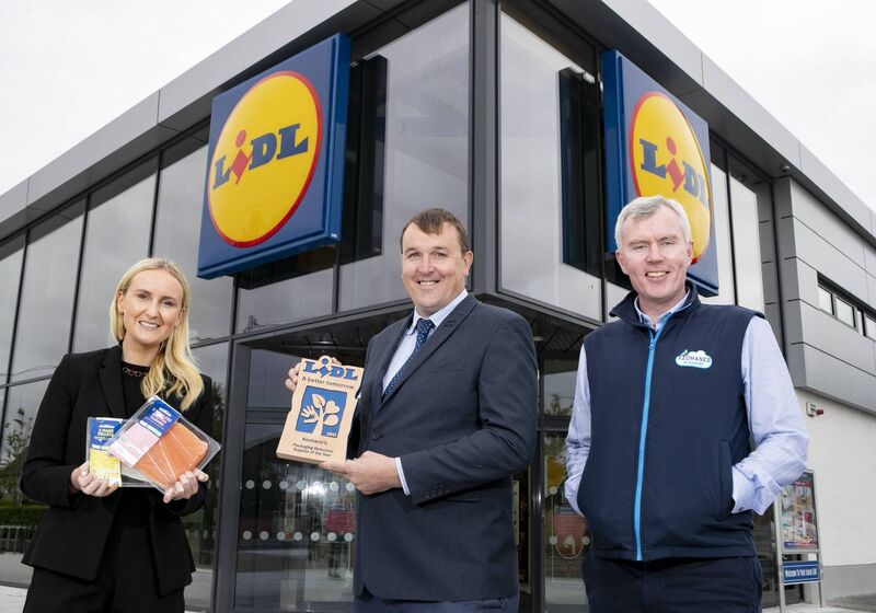Keohane Seafood's Colman Keohane Accepts Packaging Reduction Supplier of the Year Award from Lidl Buyer, Anna Ferguson. Lidl Supplier Awards 2021. Keohane's Packaging Reduction Supplier of the year.Picture: Chris Bellew /Fennell Photography Keohane Seafood's Colman Keohane Accepts Packaging Reduction Supplier of the Year Award from Lidl Buyer, Anna Ferguson. Lidl Supplier Awards 2021. Keohane's Packaging Reduction Supplier of the year.Picture: Chris Bellew /Fennell Photography