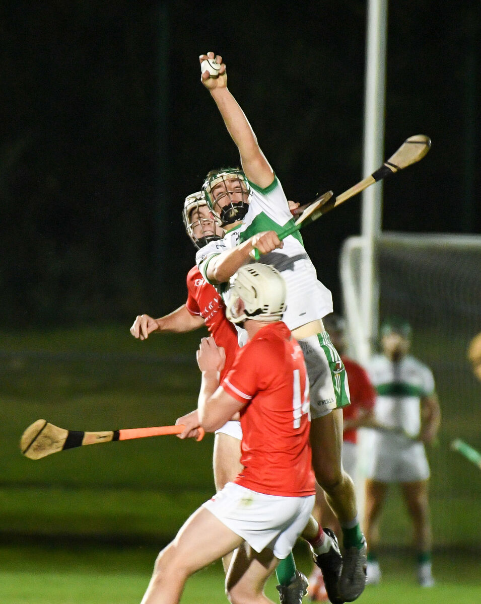 Kanturk's Brian O'Sullivan makes a fine catch under pressure from Blarney's Denis McSweeney and Shane Barrett. Picture: David Keane. Kanturk's Brian O'Sullivan makes a fine catch under pressure from Blarney's Denis McSweeney and Shane Barrett. Picture: David Keane.