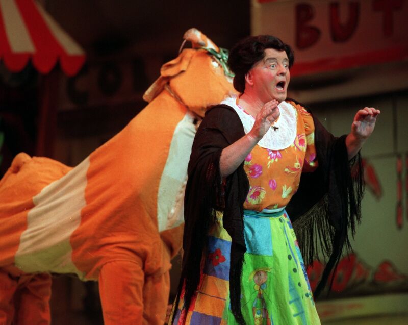 Billa O'Connell as 'Dame Dolly' getting a nudge from Clarissa the cow on stage during the panto 'Jack and the beanstalk' in the Cork opera house. Billa O'Connell as 'Dame Dolly' getting a nudge from Clarissa the cow on stage during the panto 'Jack and the beanstalk' in the Cork opera house.