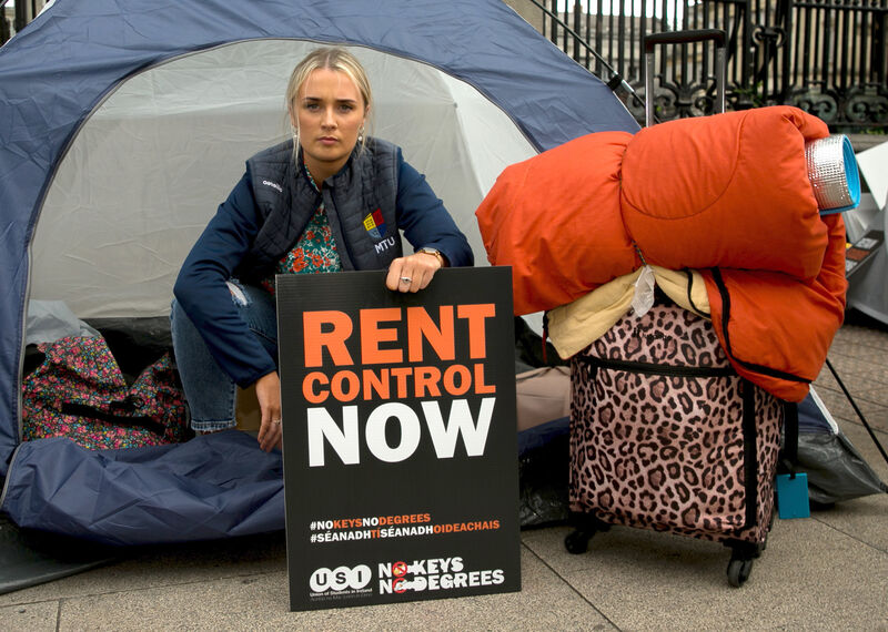 Aisling O Mahony MTU Students Union President Cork during a USI protest over rent increases for accommodation at Leinster House on Kildare Street, Photo:Gareth Chaney/Collins Aisling O Mahony MTU Students Union President Cork during a USI protest over rent increases for accommodation at Leinster House on Kildare Street, Photo:Gareth Chaney/Collins