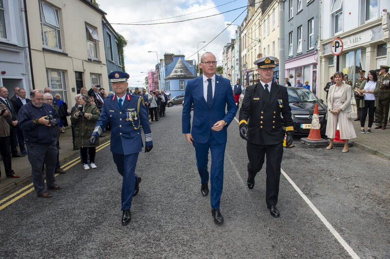 Simon Coveney TD Minister for Foreign Affairs and Minister for Defence with Lieutenant General Seán Clancy, Chief of Staff, Irish Defence Forces and Commodore Michael Malone, Flag officer Commading the Naval Service at the opening of Brú na Farraige, a ONE hostel and support centre at Harbour Row, Cobh, Co Cork. Picture: Dan Linehan