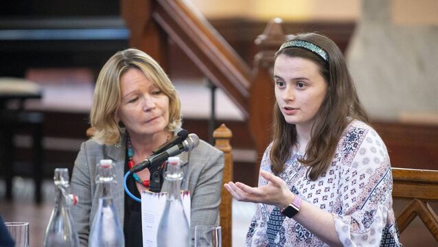 <p>Prof. Maggie O'Neill and Ciara Beth Ní Ghriofa, Founder &amp; Creator of MiContact App discuss inclusive communities at ‘Banter in the Aula’ Community Week 2019. Image by Gerard McCarthy</p>