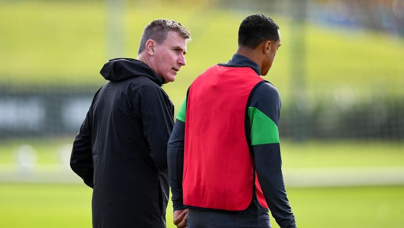 Irish manager Stephen Kenny talks with Adam Idah during Irish squad training at the FAI National Training Centre in Abbotstown in Dublin ahead of Saturday's match. Picture: Stephen McCarthy/Sportsfile