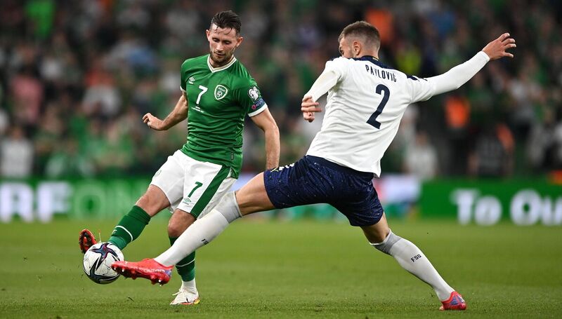 Ireland's Alan Browne gets his pass away before the tackle Strahinja Pavlović of Serbia during the World Cup qualifier last month.  	Picture: Seb Daly/Sportsfile