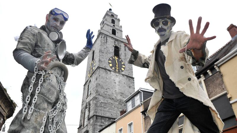 Sam Hamilton and William Frode de la Foret near O'Connell Place, Cork for the launch of the dragon of Shandon Samhain Parade. Picture Dan Linehan