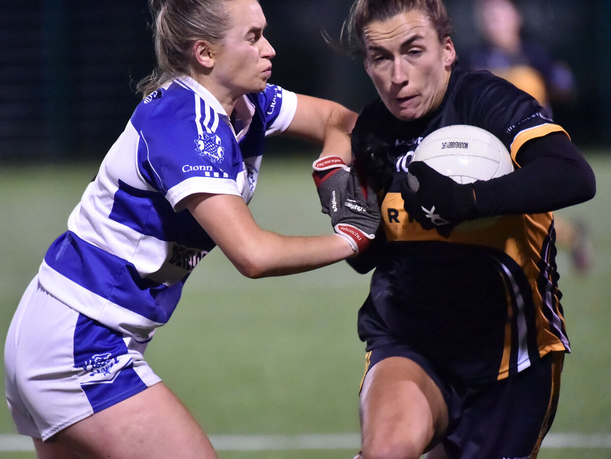 Mourneabbey's Bríd O'Sullivan is tackled by Kinsale's Dara Tyner. Picture: Eddie O'Hare