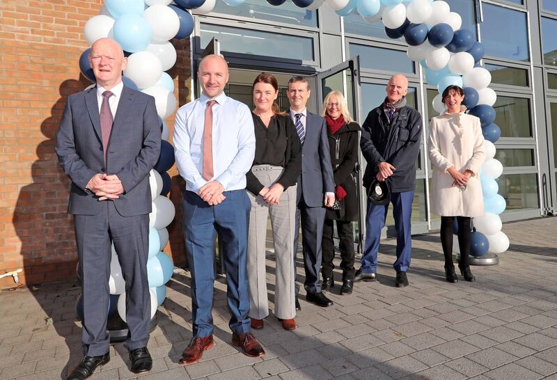 Pictured at the brand new multi-million state-of-the-art school building are, Pat McKelvey, Director of Schools at Cork ETB, Donnchadh O Croinin, Principal, Nicola Ni Giollaphadraigh, Seamus O Dubhgain, Clodagh Chroinin, all members of Gaelcholaiste Charraig Ui Leighin Board of Management, Sean O Broin, Chairperson Gaelcholaiste Charraig Ui Leighin Board of Management and Mairead Ni Chonaill, Deputy Principal, at Gaelcholaiste Charraig Ui Leighin, Carrigaline. Picture: Jim Coughlan. Pictured at the brand new multi-million state-of-the-art school building are, Pat McKelvey, Director of Schools at Cork ETB, Donnchadh O Croinin, Principal, Nicola Ni Giollaphadraigh, Seamus O Dubhgain, Clodagh Chroinin, all members of Gaelcholaiste Charraig Ui Leighin Board of Management, Sean O Broin, Chairperson Gaelcholaiste Charraig Ui Leighin Board of Management and Mairead Ni Chonaill, Deputy Principal, at Gaelcholaiste Charraig Ui Leighin, Carrigaline. Picture: Jim Coughlan.