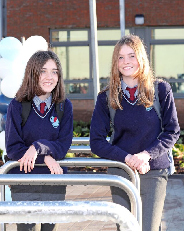 Pictured returning from mid-term break to a brand new multi-million state-of-the-art school building are, Eadaoin Ni Chonaill and Kate Ni Mhathuna, both second-year students, at Gaelcholaiste Charraig Ui Leighin, Carrigaline. Picture: Jim Coughlan. Pictured returning from mid-term break to a brand new multi-million state-of-the-art school building are, Eadaoin Ni Chonaill and Kate Ni Mhathuna, both second-year students, at Gaelcholaiste Charraig Ui Leighin, Carrigaline. Picture: Jim Coughlan.
