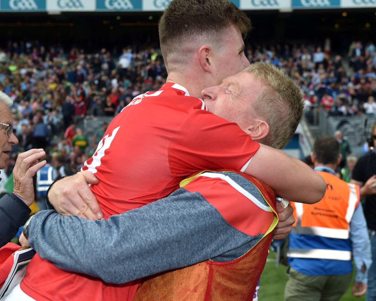 Cork captain Conor Corbett and manager Bobbie O'Dwyer after defeating Galway in 2019. Picture: Eddie O'Hare