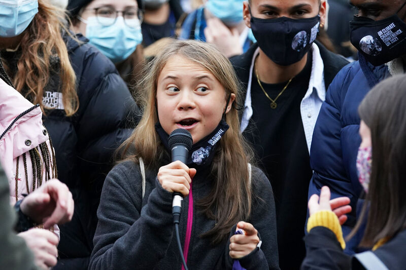 Greta Thunberg alongside fellow climate activists during a demonstration at Festival Park, Glasgow, on the first day of the Cop26 summit. Picture: Andrew Milligan/PA Wire Greta Thunberg alongside fellow climate activists during a demonstration at Festival Park, Glasgow, on the first day of the Cop26 summit. Picture: Andrew Milligan/PA Wire