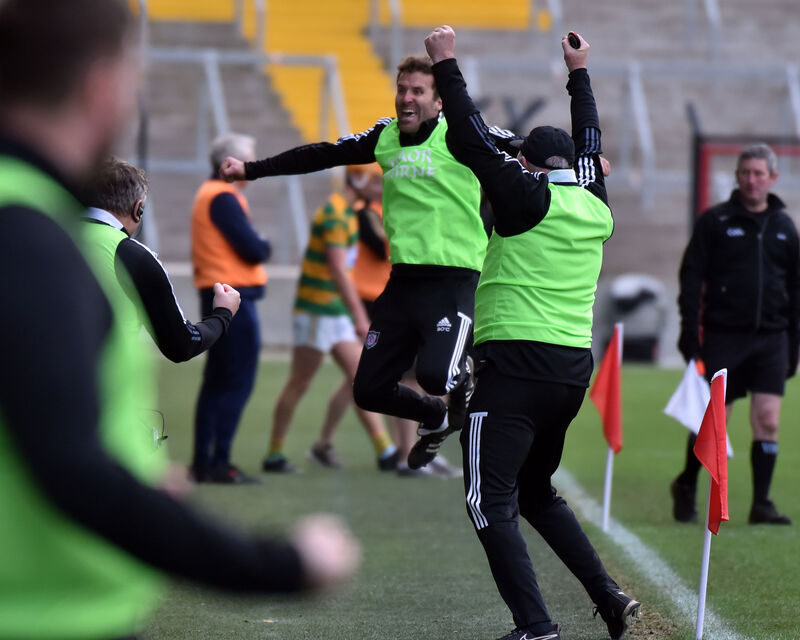 Midleton manager Ger Fitzgerald and coach Ben O'Connor celebrate at the final whistle after beating Blackrock at Páirc Uí Chaoimh. Picture: Eddie O'Hare