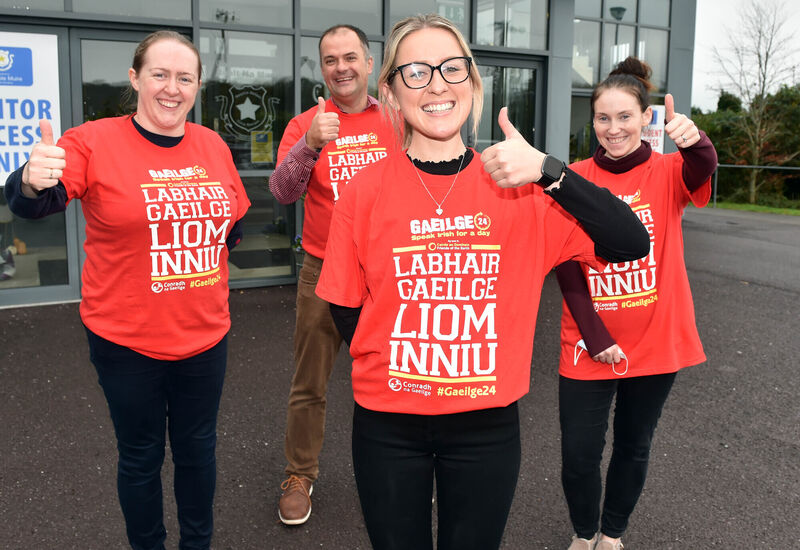 Teachers from Coláiste Muire, Réalt na Mara, from left, Máire Ni Laoi, Kieran Enright, Anna Ní Shúilleabháin, organiser and Helen Ni Uidhir as they take part in Gaeilge24, with the aim is to challenge students to speak Irish for 24 hours.