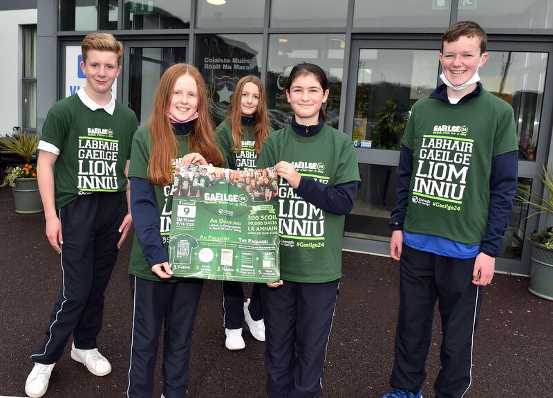 First Year students from left, Andrew Ryan, Aoife Kissane, Maeve Henderson, Charlotte Fleming and Aaron Ahern from Coláiste Muire, Réalt na Mara as they take part in Gaeilge24, with the aim is to challenge students to speak Irish for 24 hours. Picture: Eddie O'Hare