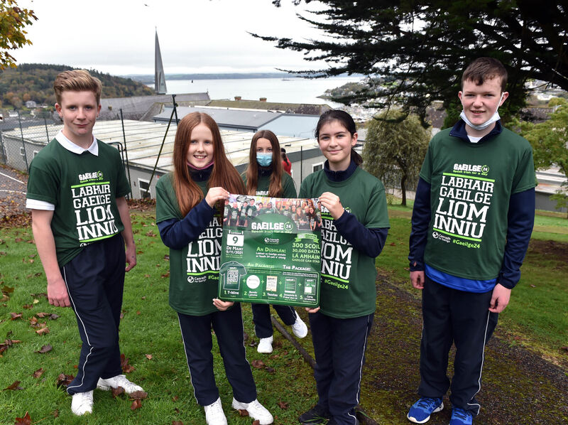 First Year students from left, Andrew Ryan, Aoife Kissane, Maeve Henderson, Charlotte Fleming and Aaron Ahern from Coláiste Muire, Réalt na Mara as they take part in Gaeilge24, with the aim is to challenge students to speak Irish for 24 hours.