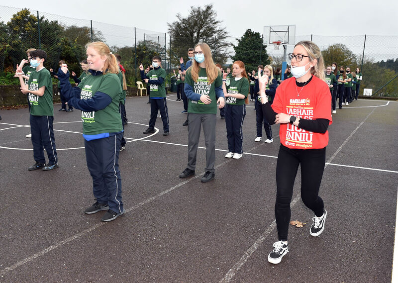First Year students , with teacher Anna Ni Shúilleabháin from Coláiste Muire, Réalt na Mara in Crosshaven doing Irish dancing as they take part in Gaeilge24, with the aim is to challenge students to speak Irish for 24 hours. Picture: Eddie O'Hare