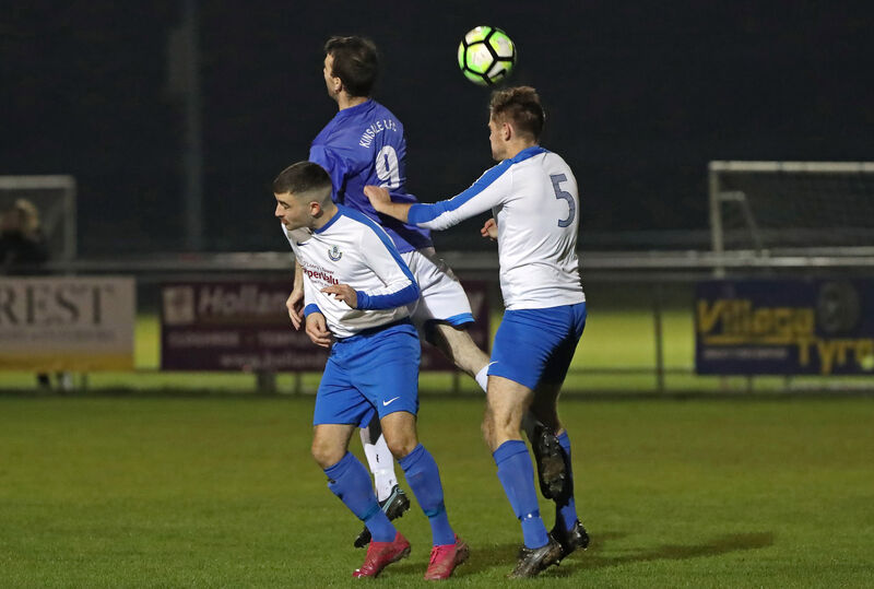 Blarney United’s Conor Cronin and Eric Baxter challenge for the ball with Kinsale’s Sean Lyons. Picture: Jim Coughlan
Blarney United’s Conor Cronin and Eric Baxter challenge for the ball with Kinsale’s Sean Lyons. Picture: Jim Coughlan