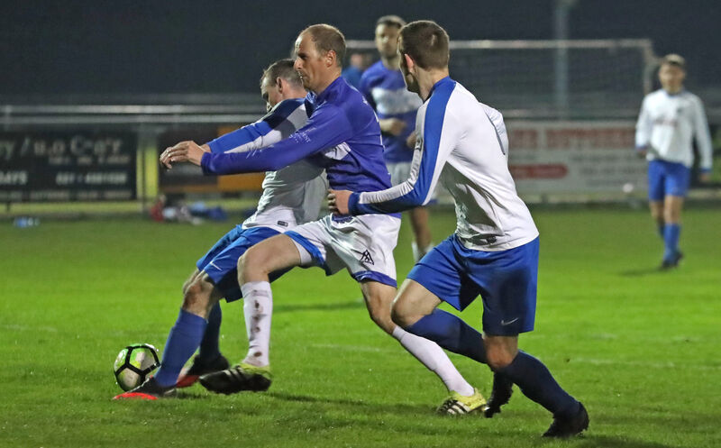 Thomas Carroll scores Blarney United's equaliser, under pressure from Kinsale's Florence Lynch. Picture: Jim Coughlan Thomas Carroll scores Blarney United's equaliser, under pressure from Kinsale's Florence Lynch. Picture: Jim Coughlan