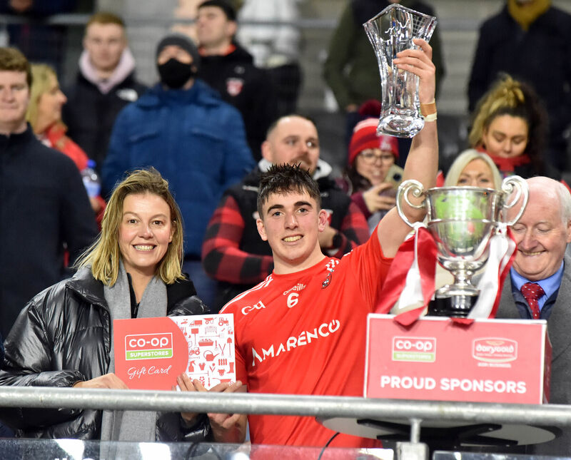 Gillian Foley, Co-Op Superstores presents the Man of the Match award to Castlemartyr's Ciaran Joyce. Picture: Eddie O'Hare
