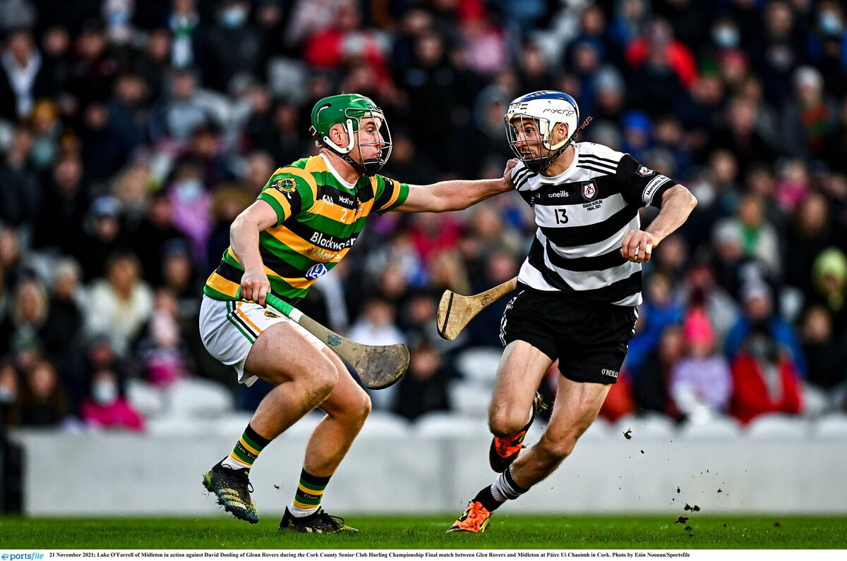 Luke O'Farrell of Midleton in action against David Dooling of Glenn Rovers. Picture: Eóin Noonan/Sportsfile