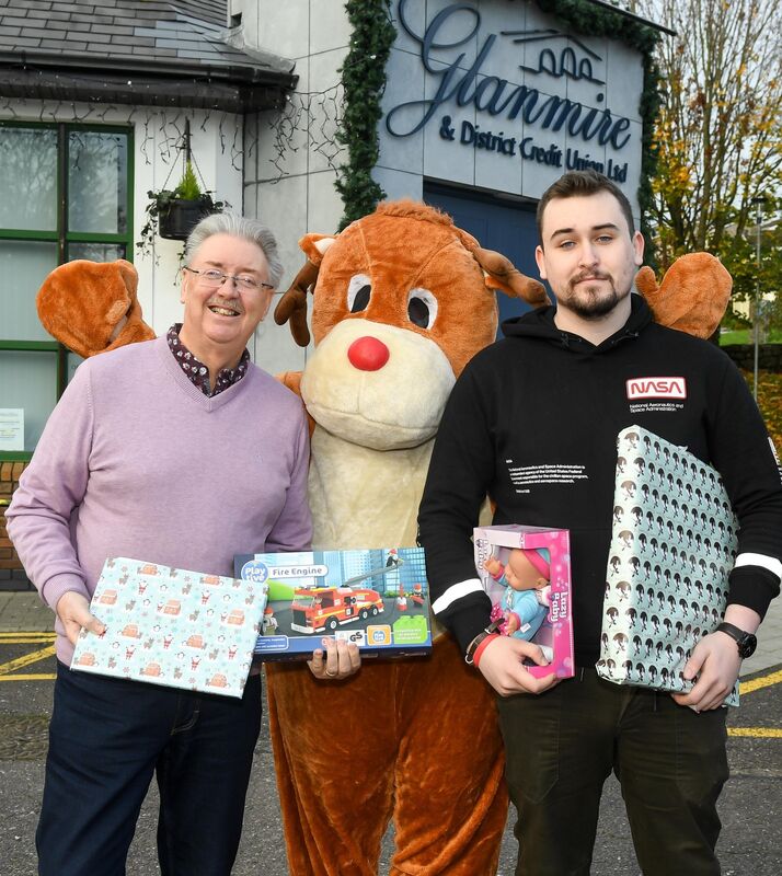  Ger Moloney as Rudolph with Chris Smith, CEO of Glanmire and District Credit Union, left and Evan Scott of Uparty, at the launch of the Toy Appeal Drive By in aid of local charities in Glanmire.