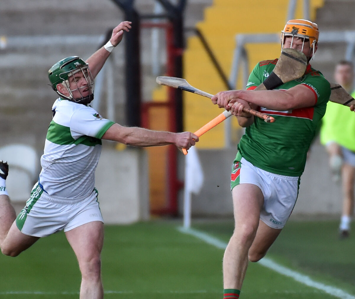 Fr O'Neill's Mark O'Keeffe is tackled by Kanturk's Lorcan O'Neill during the Co-Op Superstores Cork SAHC final at Páirc Uí Chaoimh. Picture: Eddie O'Hare