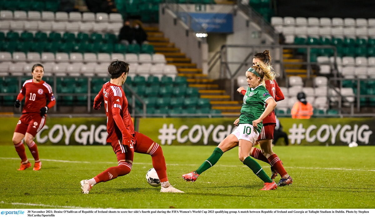 Denise O'Sullivan of Republic of Ireland shoots to score her side's fourth goal during the FIFA Women's World Cup 2023 qualifying group A match between Republic of Ireland and Georgia at Tallaght Stadium in Dublin. Photo by Stephen McCarthy/Sportsfile