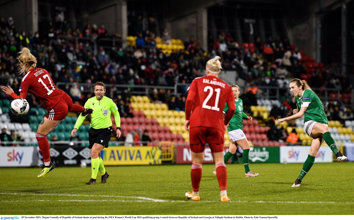 Megan Connolly of Republic of Ireland shoots at goal during the FIFA Women's World Cup 2023 qualifying group A match between Republic of Ireland and Georgia at Tallaght Stadium in Dublin. Photo by Eóin Noonan/Sportsfile