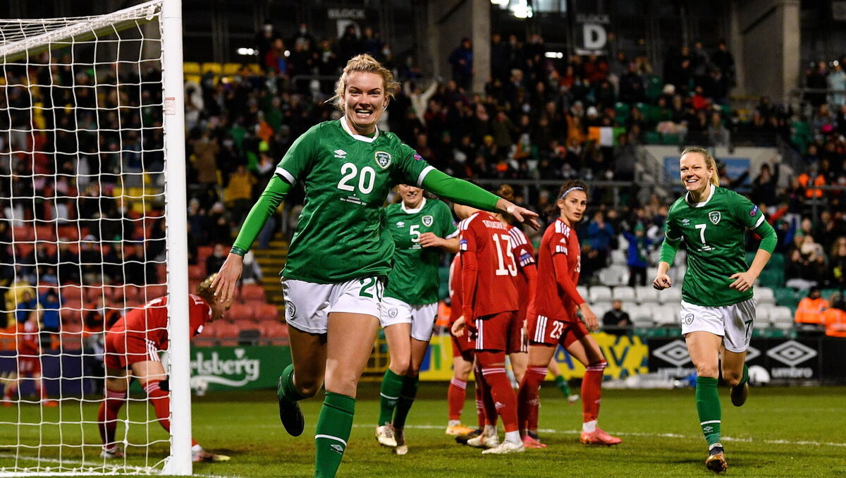Saoirse Noonan of Republic of Ireland celebrates after scoring her side's ninth goal during the FIFA Women's World Cup 2023 qualifying group A match between Republic of Ireland and Georgia at Tallaght Stadium in Dublin. Photo by Eóin Noonan/Sportsfile