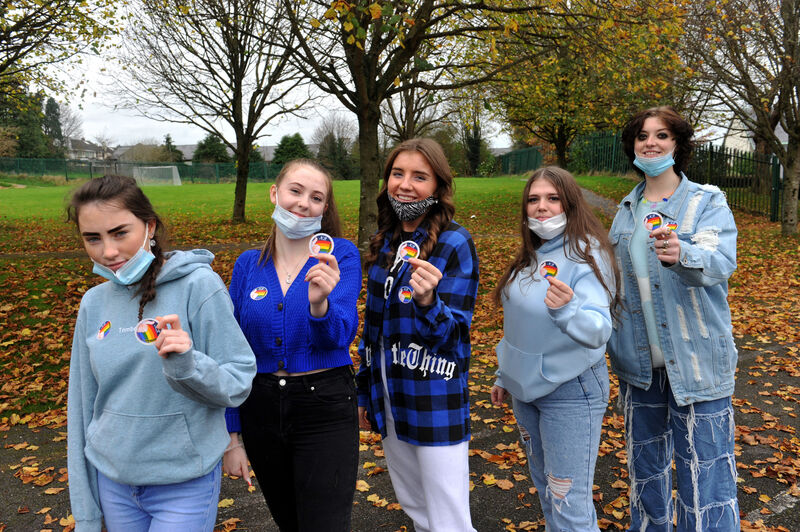 Pupils Courtney O'Brien, Shanice Pepper, Katelyn Dunlea Burns, Shanice Browne, and Sommer Nolan with Rainbow sticker badges made by pupils at the school Pic: Larry Cummins