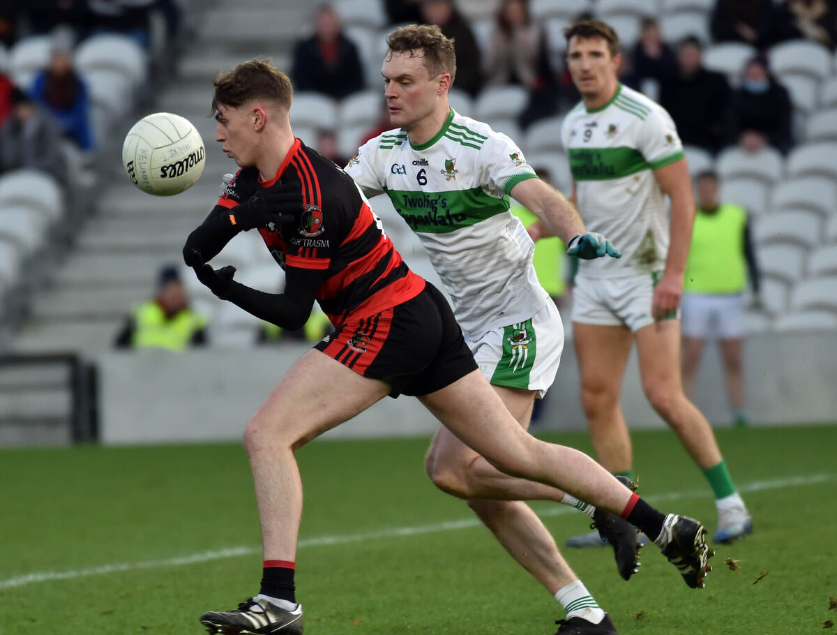 Newmarket's Ryan O'Keeffe is tackled by Kanturk's John Browne. Picture: Eddie O'Hare