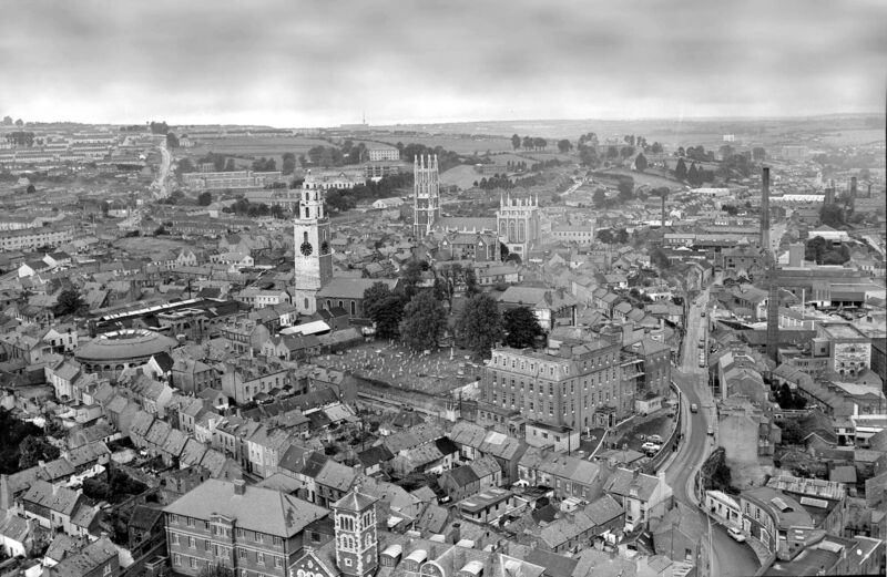 Aerial view of Cork city showing Shandon, North Cathedral and the North Infirmary hospital in September 1967.