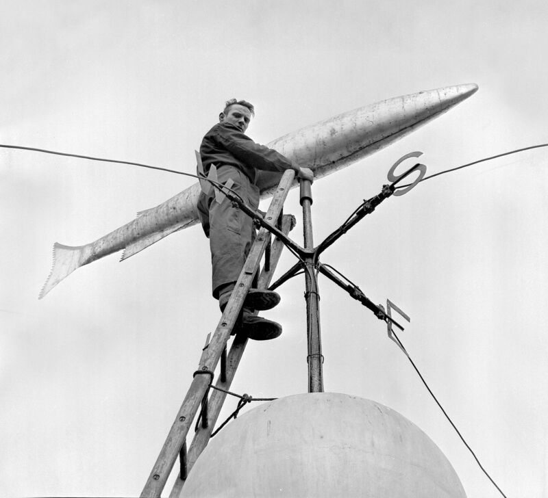 Maintenance work to the fish at the top of Shandon Steeple. 