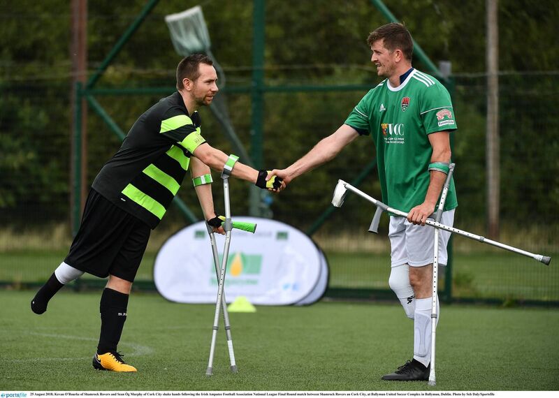 Kevan O'Rourke of Shamrock Rovers and Sean Óg Murphy of Cork City shake hands. Picture: Seb Daly/Sportsfile 
