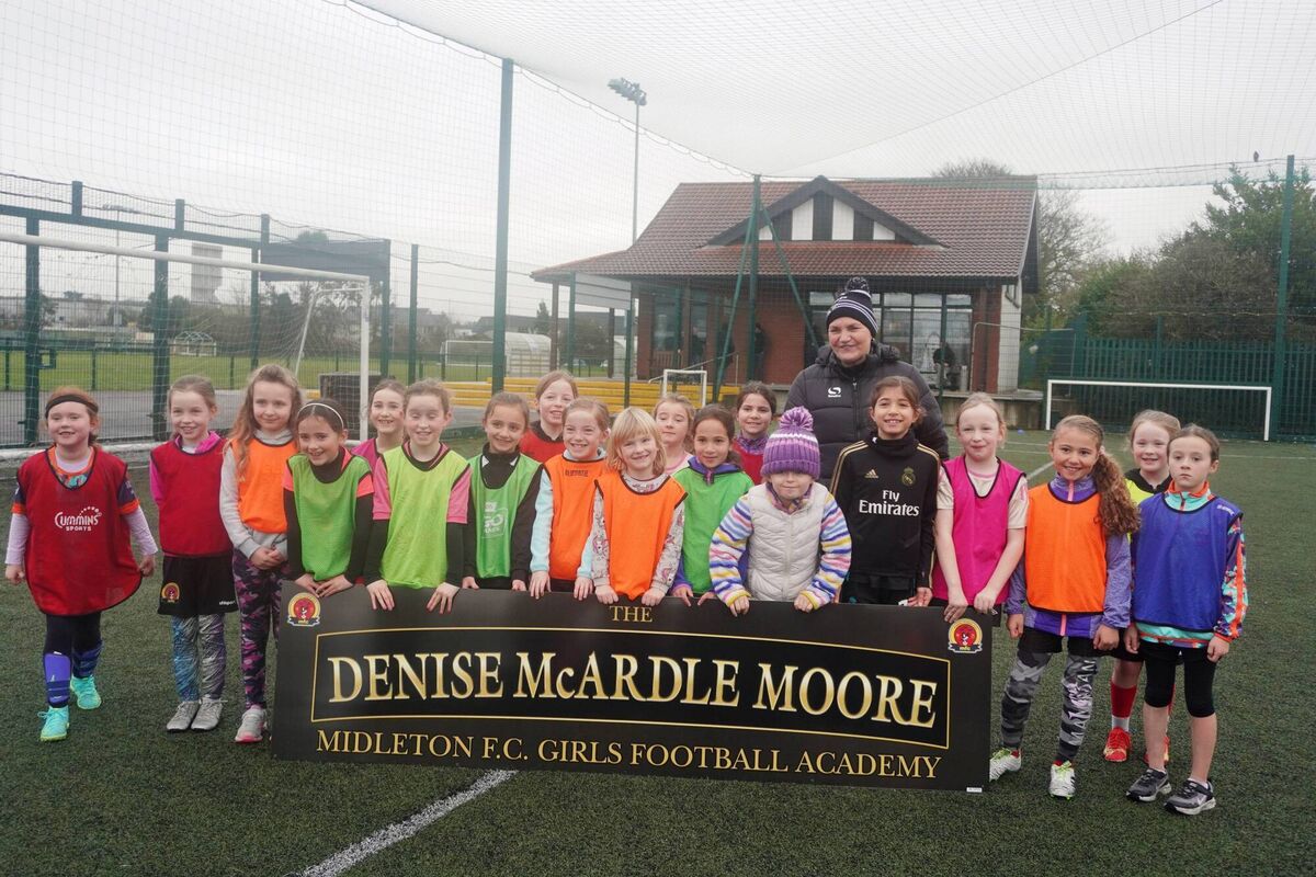 The Midleton FC Academy players with Denise McArdle Moore.