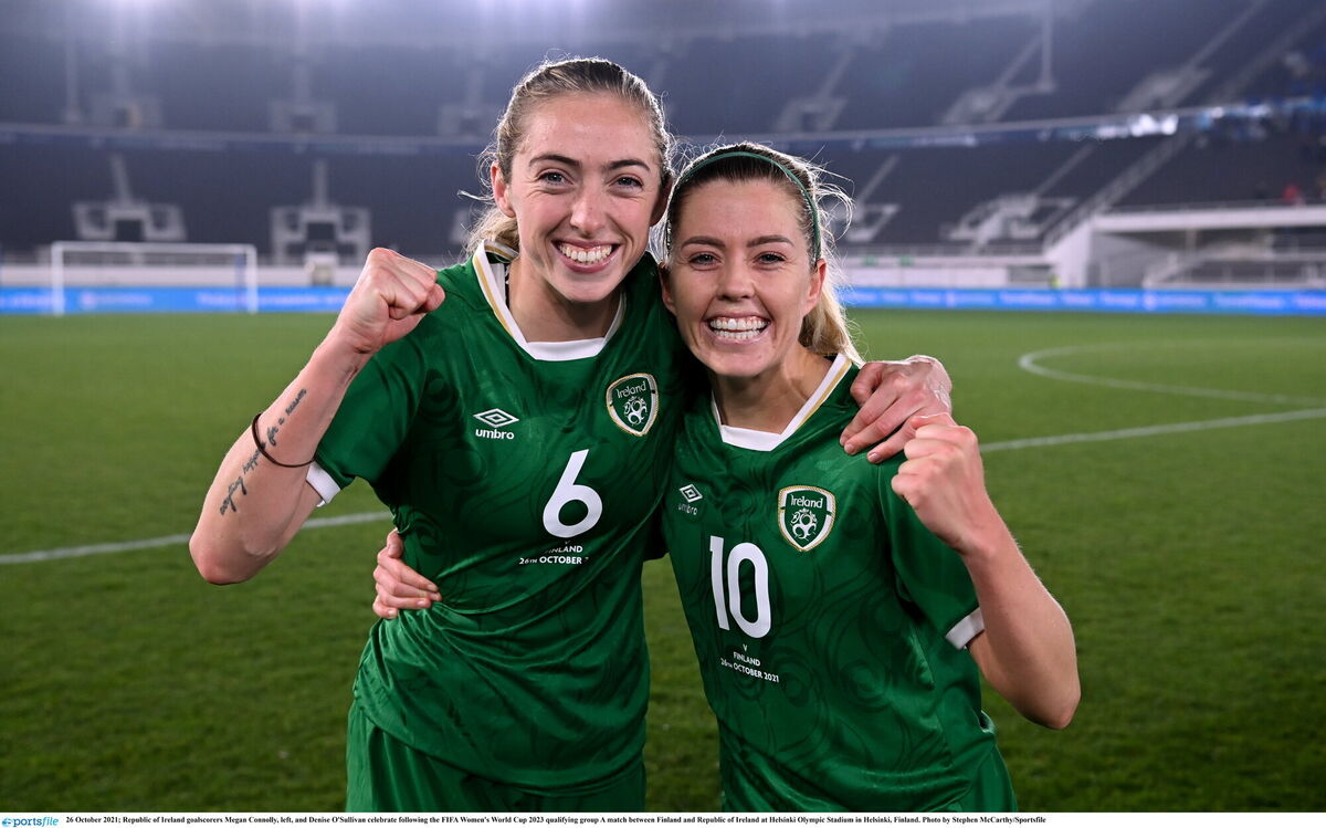 Republic of Ireland goalscorers Megan Connolly and Denise O'Sullivan in Helsinki. Picture: Stephen McCarthy/Sportsfile