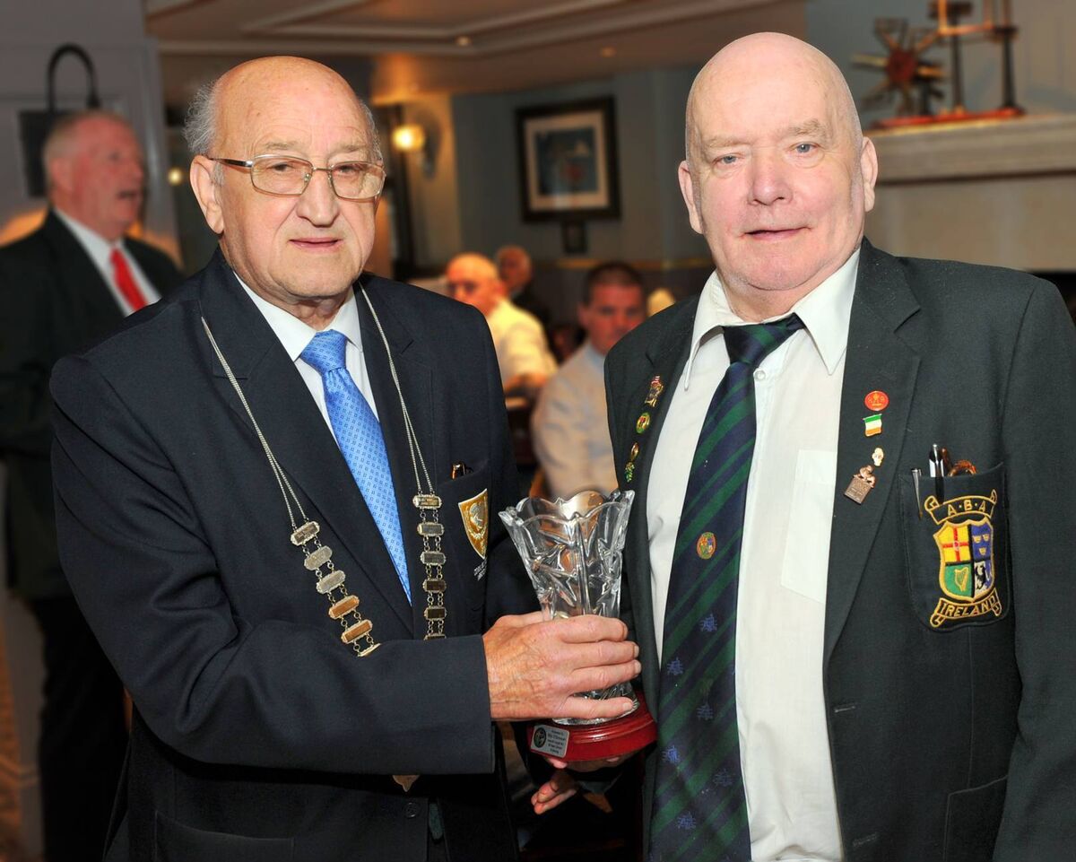 President of the Cork Ex-Boxers Association, Mr Tim O'Sullivan, presenting Billy O'Donovan of Leeside Lough BC with a special appreciation award to mark hs 40 years of dedicated service to Cork boxing. Picture:Doug Minihane President of the Cork Ex-Boxers Association, Mr Tim O'Sullivan, presenting Billy O'Donovan of Leeside Lough BC with a special appreciation award to mark hs 40 years of dedicated service to Cork boxing. Picture:Doug Minihane