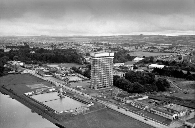 An aerial view of Cork County Hall under construction in 1967. The Coca Cola bottling plant is on bottom right 