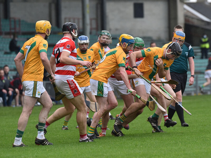 Olan Crowley, Courcey Rovers looking to stop Colman Savage,, Kilmoyley from coming away with the ball In the Munster Club I.H.C. final at the Gaelic Grounds, Limerick. Picture Dan Linehan Olan Crowley, Courcey Rovers looking to stop Colman Savage,, Kilmoyley from coming away with the ball In the Munster Club I.H.C. final at the Gaelic Grounds, Limerick. Picture Dan Linehan