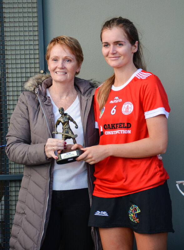Linda Mellerick presents the Player of the Match Award to Seandún's Niamh O'Leary. Picture: Howard Crowdy Linda Mellerick presents the Player of the Match Award to Seandún's Niamh O'Leary. Picture: Howard Crowdy