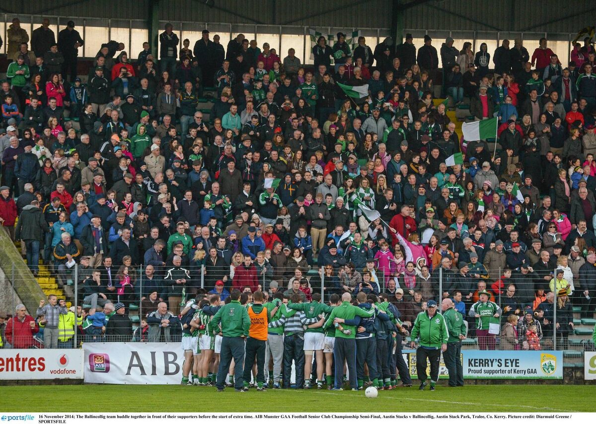 The Ballincollig team huddle together in front of their supporters before their defeat after extra time to Austin Stacks in Tralee in 2014. Picture: Diarmuid Greene/SPORTSFILE