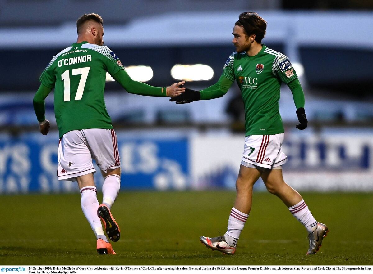 Dylan McGlade of Cork City celebrates with Kevin O'Connor of Cork City. Picture: Harry Murphy/Sportsfile