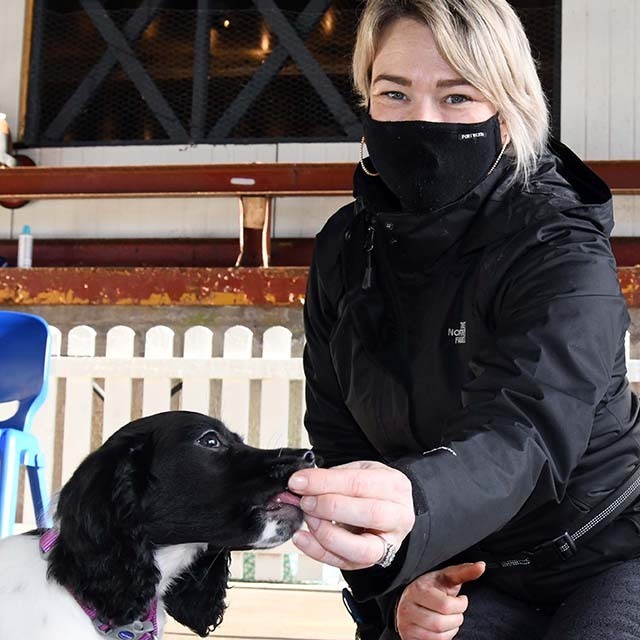 Esther Ring of Top Barkz Cork giving a treat to Scout