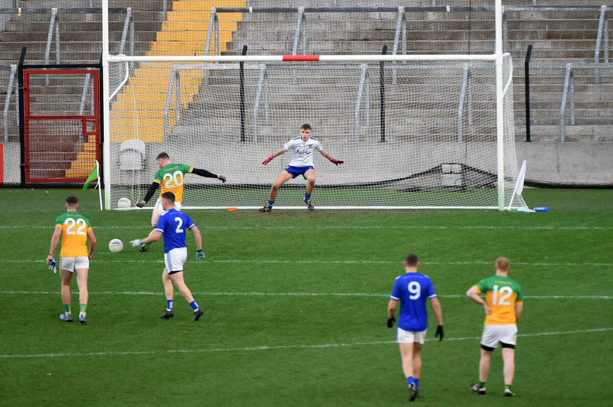 Jerry O'Connor, Boherbue, scores from the penalty spot against Ballinhassig's  Arthur O'Leary in last year's JAFC final. Picture: Larry Cummins. 