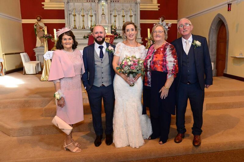 Joanne and Brendan with the groom’s mum Kathleen Whelan, left, and on the right the bride’s parents Patsy and Pat O’Reilly. The groom’s dad Frank is deceased but they recognised his presence throughout the day.