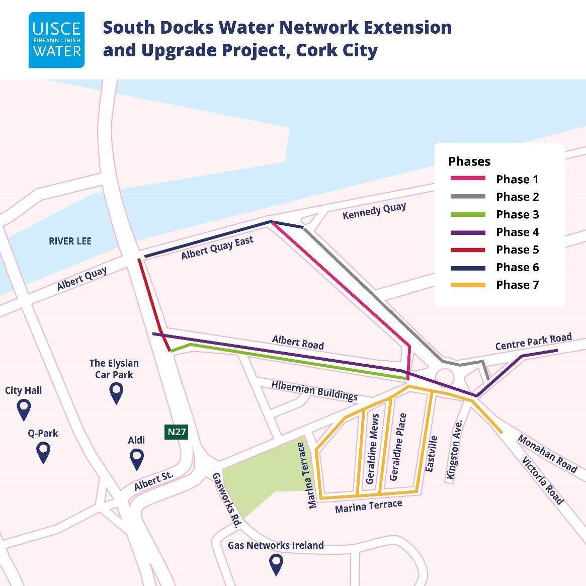 The work, being carried out by Ward and Burke Limited on behalf of Irish Water, is split into seven distinct phases. The work, being carried out by Ward and Burke Limited on behalf of Irish Water, is split into seven distinct phases.