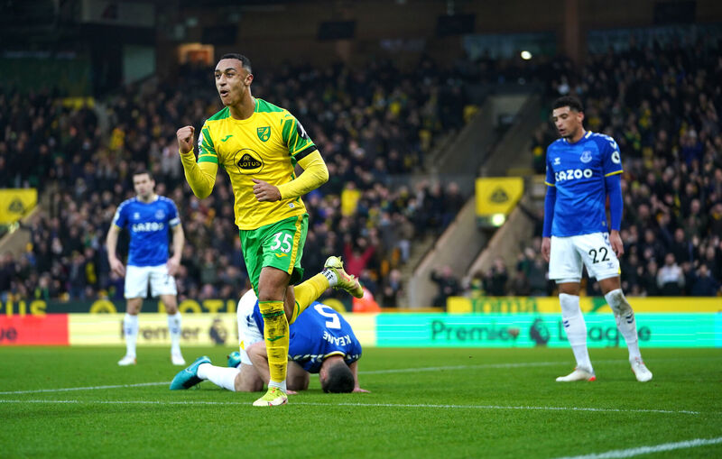 Norwich City’s Adam Idah celebrates an own goal by Everton’s Michael Keane during the Premier League match at Carrow Road, against Everton. A match watched by Irish manager Stephen Kenny Picture: Joe Giddens/PA Wire. Norwich City’s Adam Idah celebrates an own goal by Everton’s Michael Keane during the Premier League match at Carrow Road, against Everton. A match watched by Irish manager Stephen Kenny Picture: Joe Giddens/PA Wire.